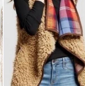 Reversible plaid waterfall fur vest